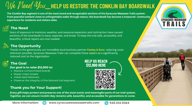 Help restore the Conklin Bay Boardwalk campaign graphic for Syracuse-Wawasee Trails